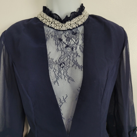 ASOS Tall Embellished Frill Neck Fluted Sleeve Mini Dress - Picture 6 of 15